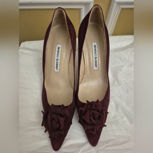 Manolo Blahnik Burgundy "Lisa" Suede Heels with Floral Accent